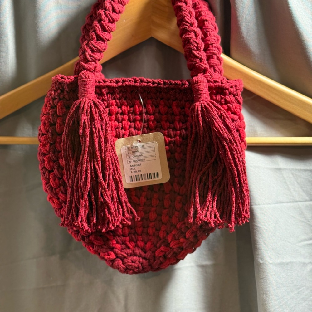 NWT BINGE Red Crochet Mini Bag With Tassels Boho Handmade Chic - Picture 10 of 15